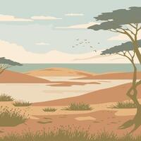 savanna with sand dunes and a lake in the background vector