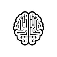 A black and white illustration of a brain with circuit lines vector