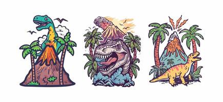 erupting volcano with palm trees featuring a T-rex dinosaur vector