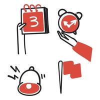 a set of icons depicting a calendar, clock, and a hand vector
