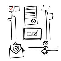 hand drawn icons of a hand holding a phone, a check mark, and a paper vector