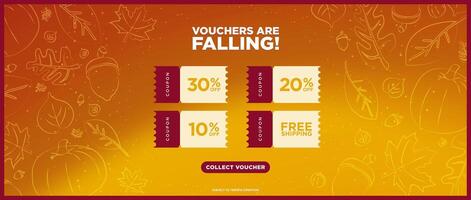 Vouchers are falling Autumn Concept Coupon giveaway banner template with collect voucher button. Orange and red abstract background with hand drawn doodle fall elements. Illustration. vector