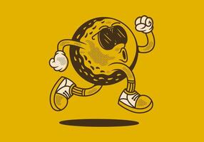 Retro character of golf ball in running pose. In yellow background vector