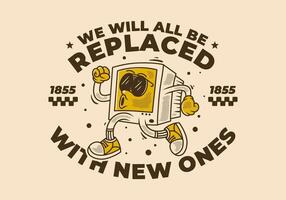 Computer monitor character design in running pose with retro vintage style. in good style of badge vector