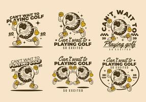 Cant't wait to playing golf. 6 different type of badge of Retro character of golf ball in running pose vector