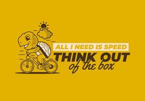 All i need is speed. Retro cute turtle riding a bicycle mascot character illustration in yellow dominant colors theme vector