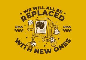 Computer monitor character design in running pose with retro vintage style in yellow dominant color vector