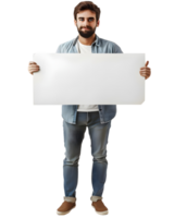Man holding blank sign, smiling and looking at the camera. Isolated on transparent background png
