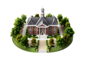 Classic brick building with white columns and a cupola. Isolated on transparent background png
