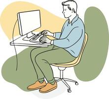 man is sitting in a chair working on his computer vector