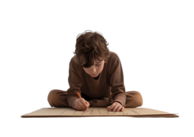 Young boy writing on a large sheet of paper, sitting on the floor, with a serious expression. Isolated on transparent background png