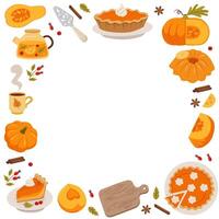 Pumpkin pie square frame. Pumpkin slice, spices, meringues, whole pie, piece of pie, teapot. Set of bright elements for Thanksgiving recipes. vector