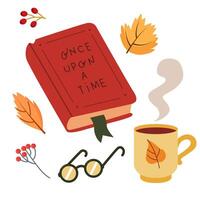 Book of fairy tales, cup of tea, glasses and autumn leaves. Group of objects in flat style on a white background. Once upon a time - text. vector