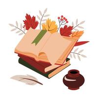 Open book with empty pages, a pen and an inkwell. The composition is decorated with autumn leaves on a white background. vector