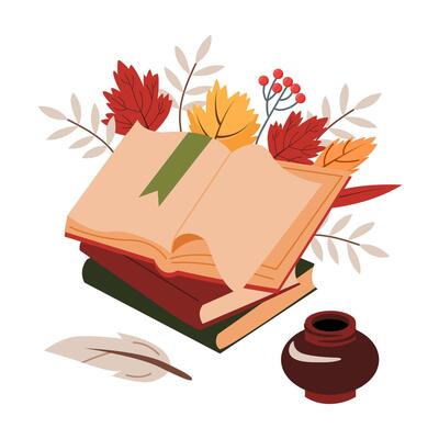 Open book with empty pages, a pen and an inkwell. The composition is decorated with autumn leaves on a white background.