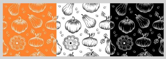 Pumpkin outline seamless pattern. Pumpkins of various shapes. Hand-drawn sketch. Background in white, black, orange color. Set for printing on paper, packaging, fabrics and other surfaces. vector