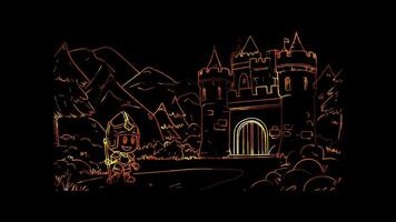 Neon frame effect, Cheerful Castle and Knight on black background video
