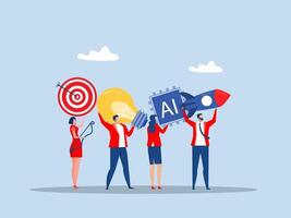launch new innovation product Entrepreneurship, think and develop new idea, organize startup or start new company, business people holding winner flag, rocket ship, lightbulb idea and target plan vector
