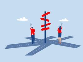 Two Business looking at multiple road sign with question mark and thinking which way to go.work direction or choose the right way to success concept, vector