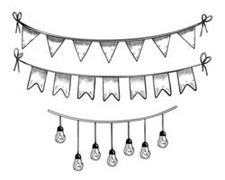 Autumn garlands set with pennant and light bulbs on isolated background. Linear black Illustration of hanging and bunting for festival or greeting cards design. Drawing for party design. vector