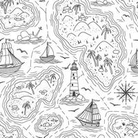 Sea map seamless pattern. Linear nautical background with islands, lighthouse, ships and vintage regatta for wallpaper, wrapping paper or textile design. Black drawing with ships and marine. vector