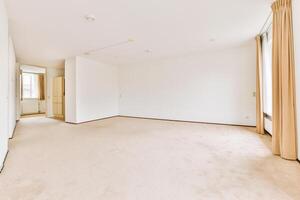 A large empty room with beige carpeting and white walls photo
