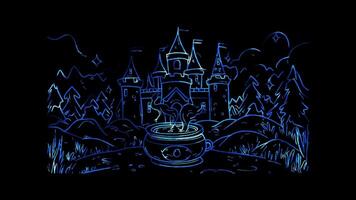 Neon frame effect, Cheerful Castle and Magic Potion on black background video