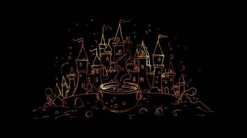 Neon frame effect, Cheerful Castle and Magic Potion on black background video