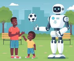 AI Robot playing a ball game with kid in a park. vector