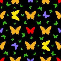 Seamless pattern with a silhouette of a multicolored butterfly on a black background. vector