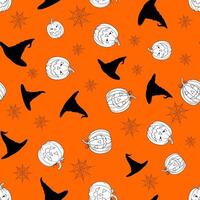 Seamless pattern with white pumpkin, witch hat, spider web on orange background vector
