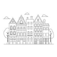 Outline Illustration in a simple, minimal geometric style - a cityscape with buildings and trees, presented as a horizontal banner. vector