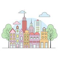 Illustration in a simple, minimal geometric style - a cityscape with buildings and trees, presented as a horizontal banner. vector