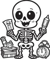 A cartoon skeleton holding a book and a clock vector