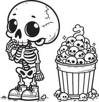 A skeleton and bucket of popcorn coloring page vector