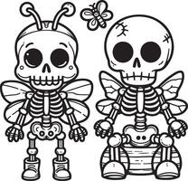 Two skeleton children with butterfly wings and butterfly wings coloring pages vector