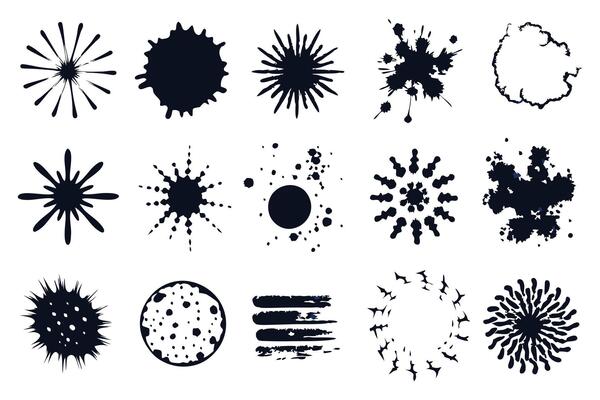 Set of black ink splashes and splashes