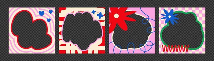 Set of border square frames with cute hand drawn elements. Trendy template design with wavy lines, abstract dots, flowers. vector