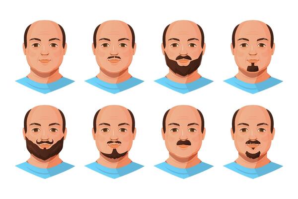 Set of bald male avatars with facial hair variations