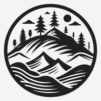 Iconic Mountain Silhouette with River Trees for Camping Design Projects vector