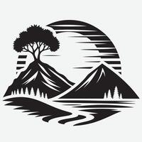 Rugged Mountain Scene with River and Trees for Hiking and Camping vector