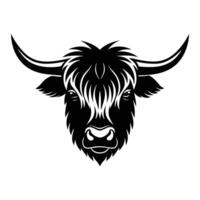 The head of a highland cow is shown in black and white vector
