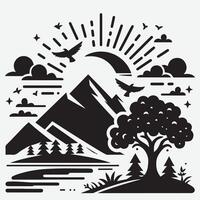 Harmonious Mountain Silhouette with River for Camping and Hiking Apparel vector