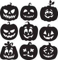 A collection of nine different jack-o'-lantern illustrations, with facial expressions ranging from menacing to joyful. vector