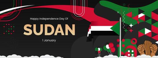 Sudan Independence Day background in Sudan flag colors with modern abstract shapes, typography and raised fist. Perfect for posters, banners and greeting cards. Happy Sudan national day vector