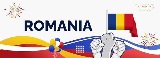Wide banner for the Romanian national day in flag colors with hands raised in enthusiasm vector