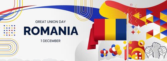 Romania Great Union Day background with abstract shapes in flag colors, blue, yellow and red. Modern style design for Romanian national day greeting card, horizontal poster, and header for website vector
