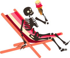 Funny Skeleton sitting on a deck chair with an ice cream. Cute character Skeleton Bones png