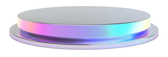 Glossy holographic podium on transparent background. Modern, futuristic mock up for product display. Cut out pedestal or platform. Empty scene. Y2k, 2000s style. Color gradient. png