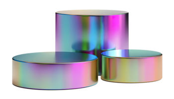 Holographic podiums group on transparent background. Modern futuristic mockup for product display. Cut out pedestal or platform. Empty scene. Y2k, 2000s style. Color gradient. png
